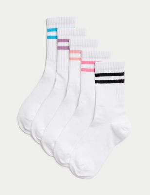M&S 5pk Cotton Rich Ribbed Striped Socks (6 Small - 7 Large) - 12+3+ - White Mix, White Mix