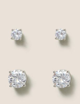 M&S Womens 2 Pack Platinum Plated Cubic Zirconia Stud Earrings