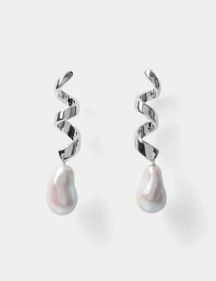 M&S Womens Silver Tone Spiral Pearl Earrings, Silver