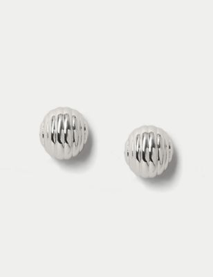 M&S Womens Silver Tone Ridge Ball Stud Earrings, Silver