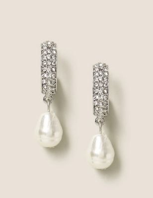 M&S Womens Pave Hoop Pearl Drop Earrings