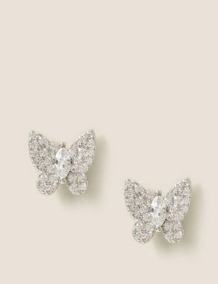 M&S Womens Platinum Plated Butterfly Stud Earrings