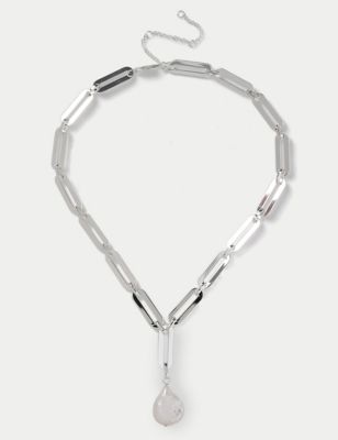 M&S Womens Autograph Silver Link Freshwater Pearl Y Necklace, Silver