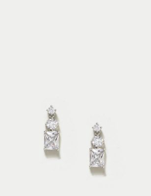 M&S Womens Platinum Trilogy Cubic Zirconia Stud Earring - Silver, Silver