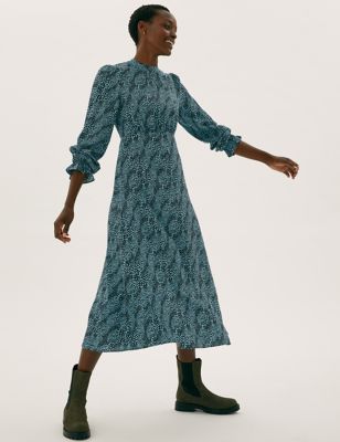 M&S Womens Printed High Neck Midi Tea Dress