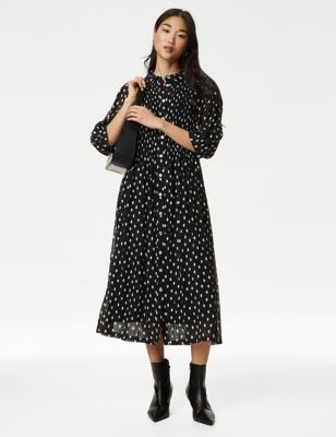 M&S Women's Polka Dot Shirred Midi Shirt Dress - 20REG - Black, Black