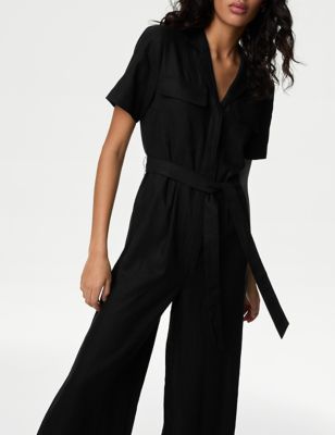 M&S Womens Linen Blend Belted Utility Jumpsuit - 10LNG - Black, Black