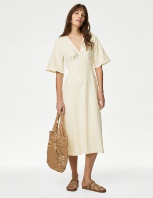 M&S Women's Linen Blend V-Neck Midaxi Tea Dress - 18REG - Ecru, Ecru