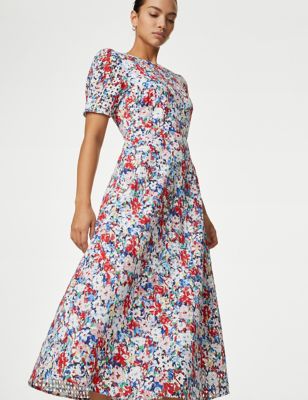M&S Womens Pure Cotton Floral Cutwork Detail Midi Tea Dress - 10PET - Multi, Multi,Blue Mix