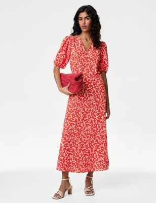 M&S Womens Ditsy Floral V-Neck Midaxi Tea Dress - 12LNG - Red Mix, Red Mix