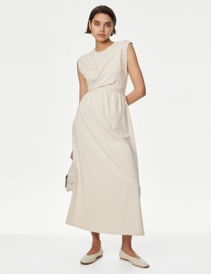 M&S Womens Pure Cotton Round Neck Midi Wrap Dress - 8REG - Cream, Cream