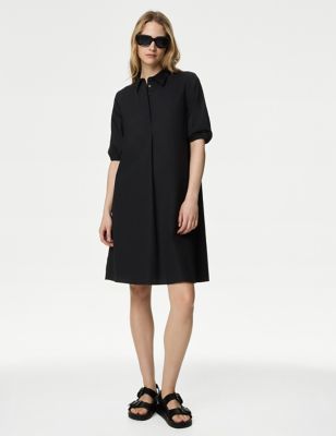 M&S Women's Pure Cotton Puff Sleeve Mini Swing Dress - 10REG - Black, Black