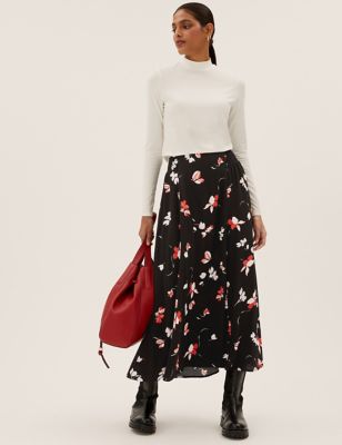 M&S Womens Floral Midi A-Line Skirt