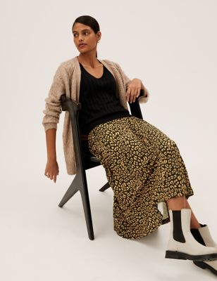 M&S Womens Jersey Animal Print Pleated Midaxi Skirt