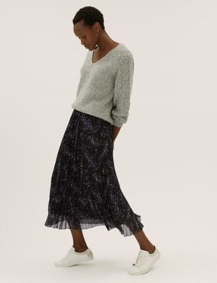 M&S Womens Star Print Pleated Midaxi Skirt