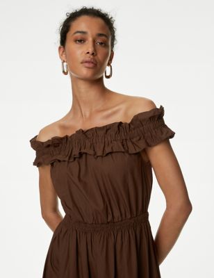 M&S Women's Pure Cotton Bardot Midaxi Waisted Dress - 8LNG - Chocolate, Chocolate