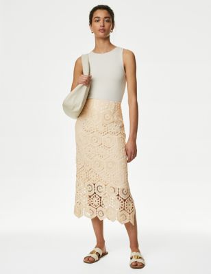 M&S Womens Cotton Rich Knitted Midi Column Skirt - 10PET - Ecru, Ecru
