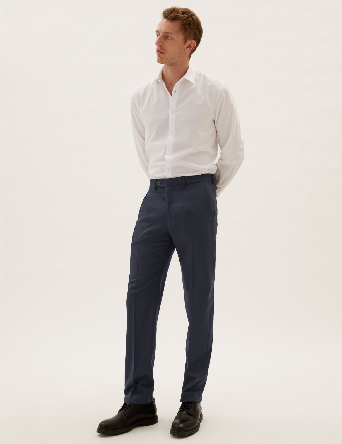 Tailored Fit Pure Wool Flat Front Trousers blue