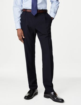 M&S Mens Regular Fit Single Pleat Trousers - 32REG - Navy, Navy