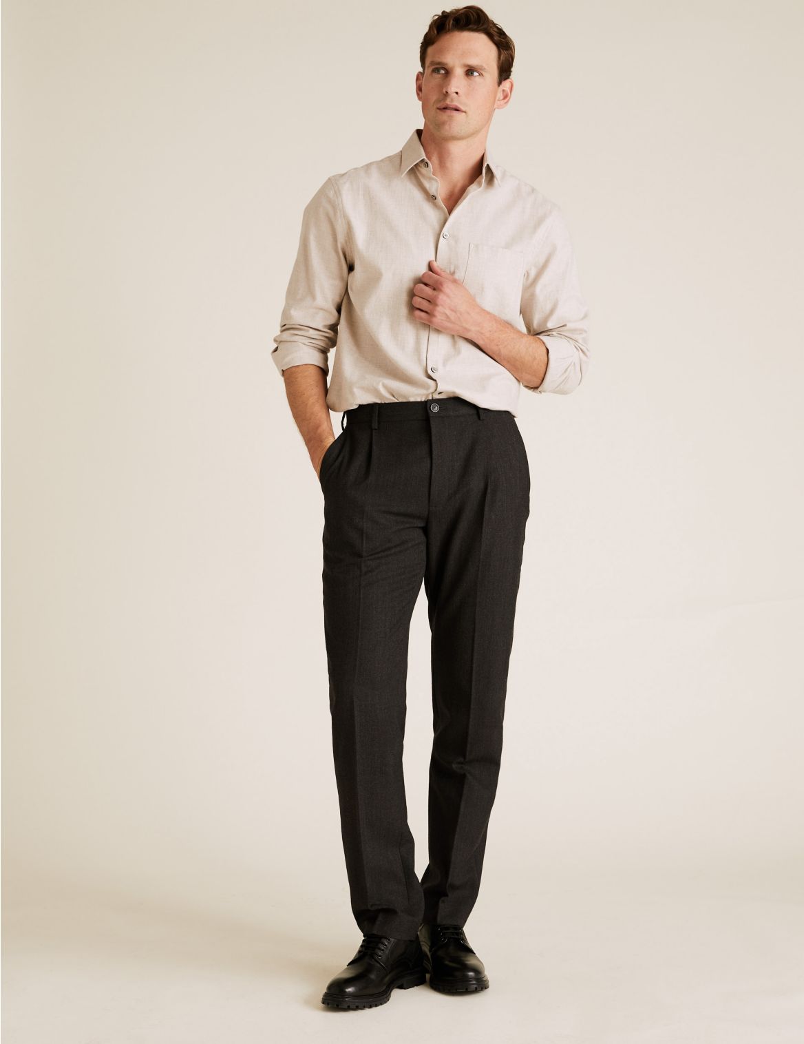 Regular Fit Wool Flat Front Trousers brown