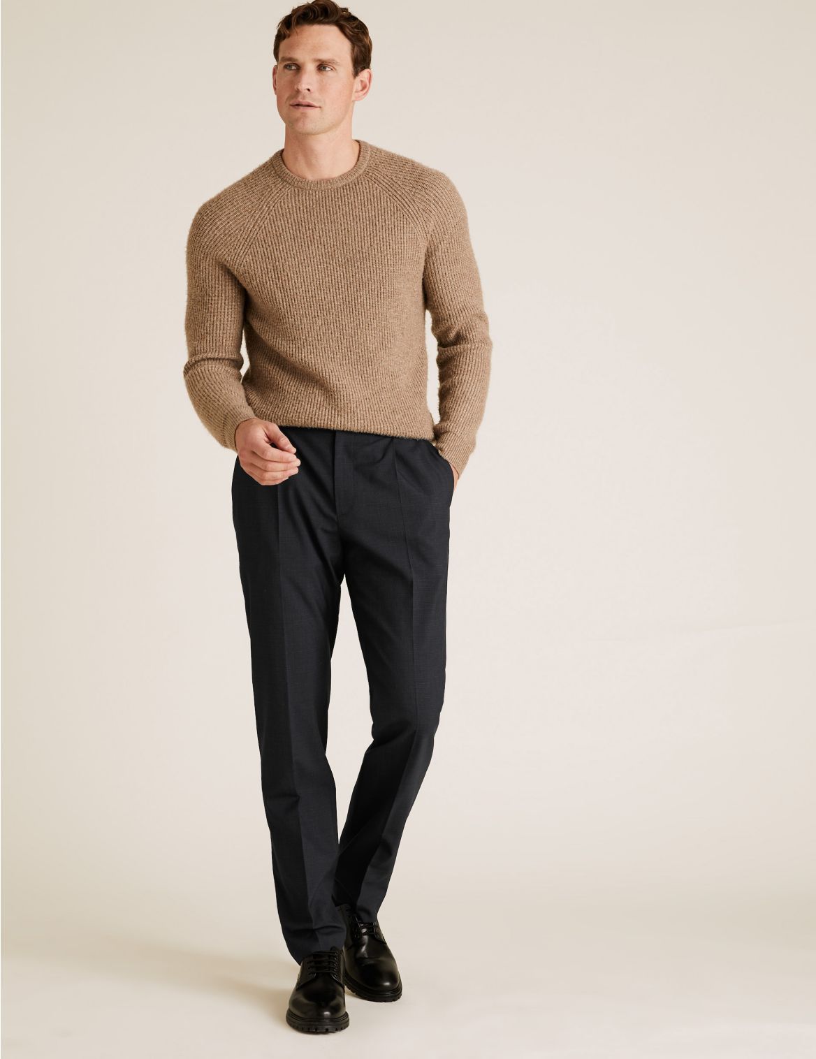 Regular Fit Wool Flat Front Trousers navy
