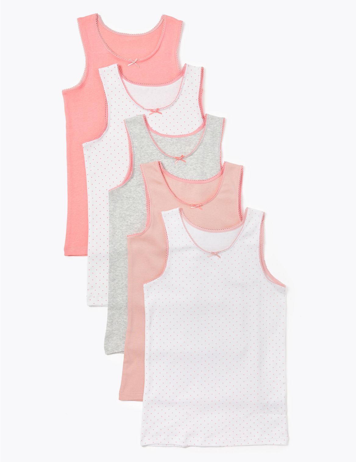 5 Pack Pure Cotton Spotted Vests (2-16 Yrs) pink