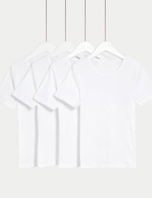 M&S Boys 4pk Pure Cotton Short Sleeve Vests (2-14 Yrs) - 6-7 Y - White, White