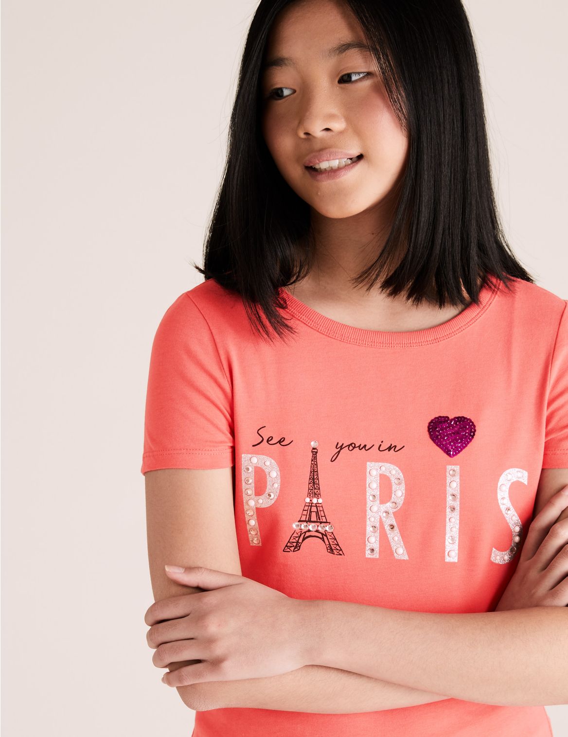 Pure Cotton Paris Slogan T-Shirt (6-16 Yrs) pink