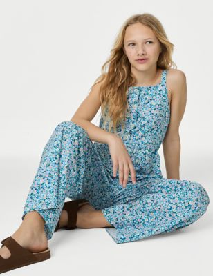 M&S Girl's Cotton Rich Floral Jumpsuit (6-16 Yrs) - 8-9 Y - Blue Mix, Blue Mix,Black Mix