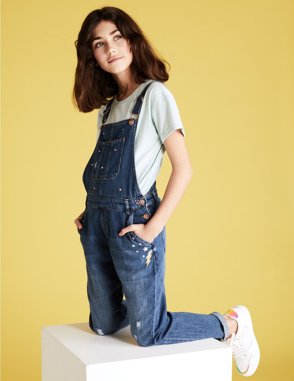 Cotton Embellished Dungarees (6-14 Yrs) navy