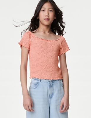 M&S Girl's Shirred Top (6-16 Yrs) - 15-16 - Lilac, Lilac,Coral