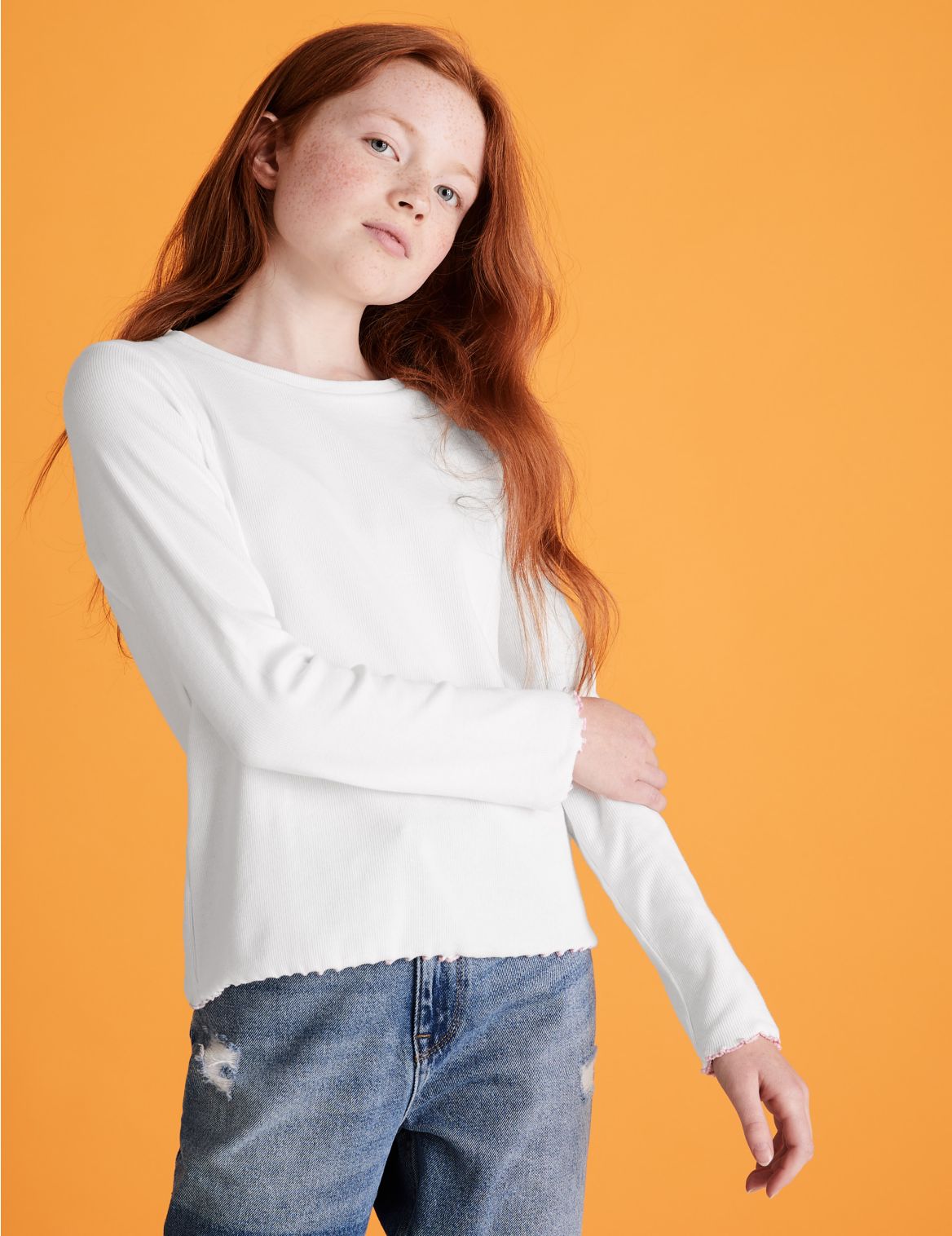 Cotton Rich Ribbed Long Sleeve Top (6-16 Yrs) white
