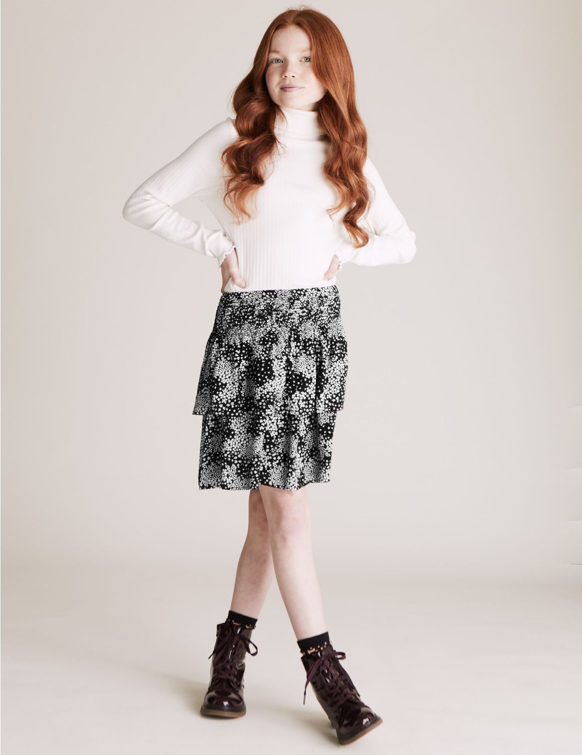 Tiered Floral Ditsy Print Skirt black