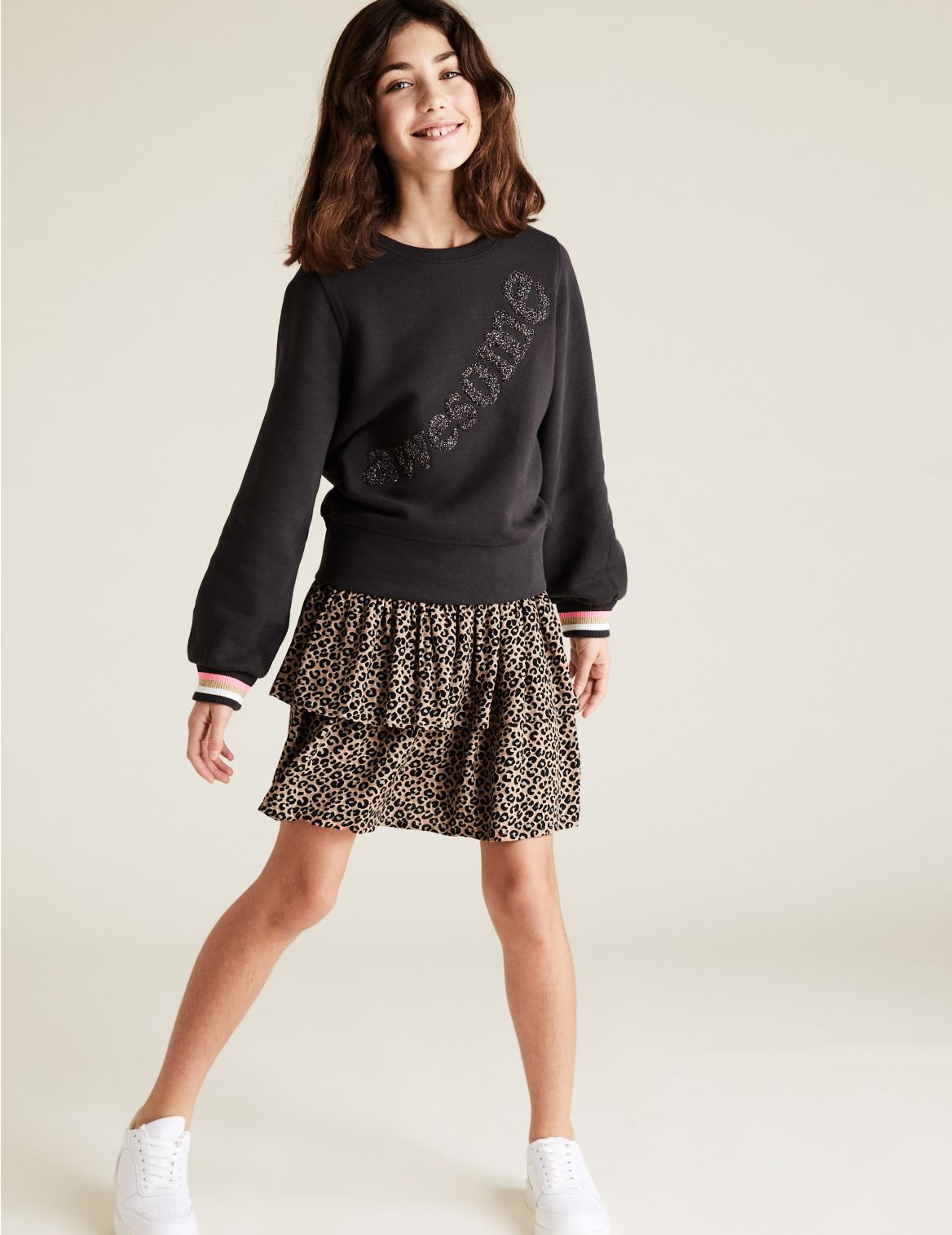 Tiered Leopard Print Skirt (6-14 Yrs) black