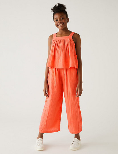 M&S Collection Pure Cotton Wide Leg Trousers (6-16 Yrs) - 13-14 - Coral, Coral