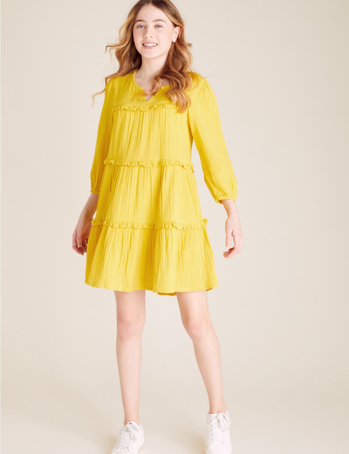Pure Cotton Tiered Dress (6-16 Yrs) yellow