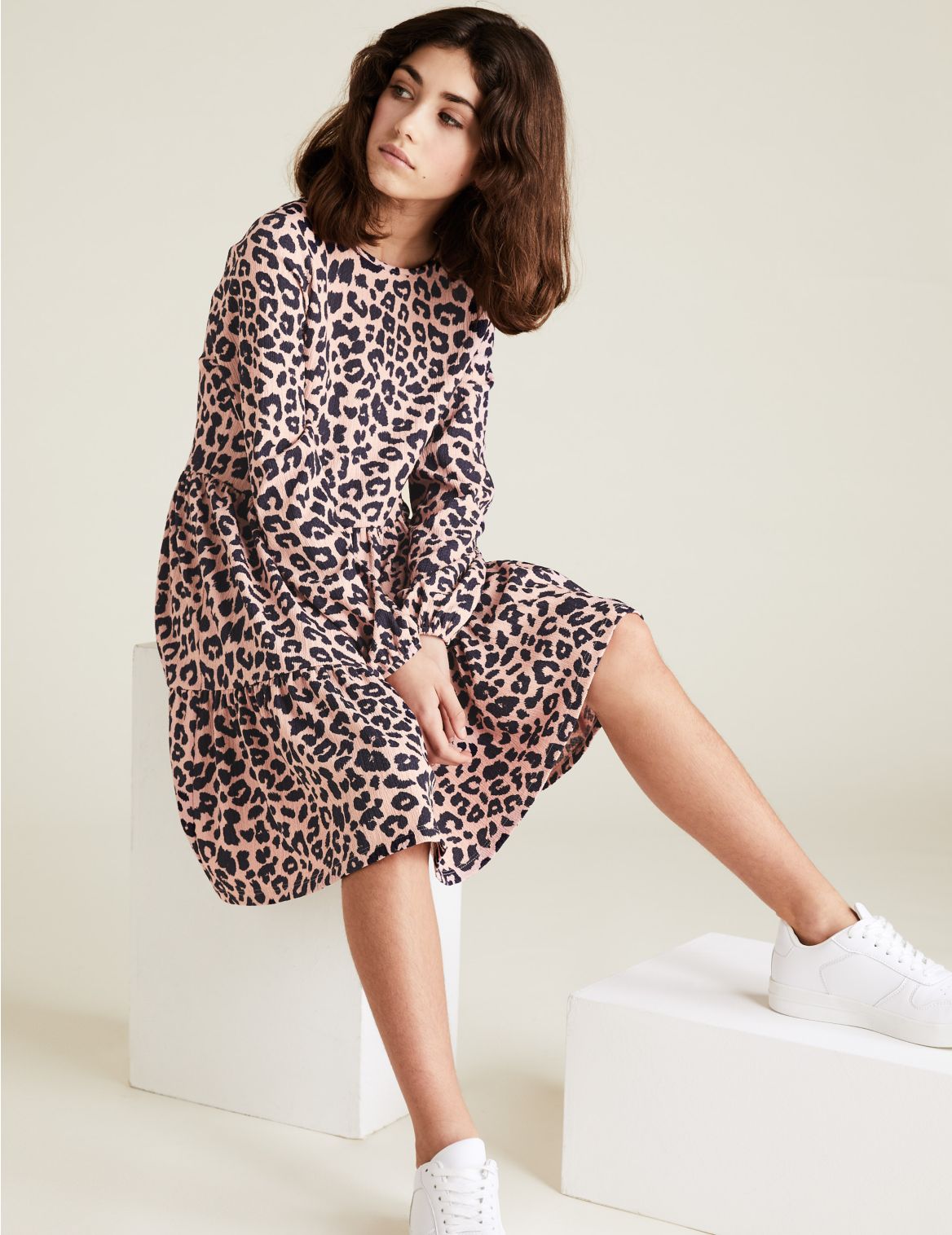 Jersey Leopard Print Tiered Dress (6-16 Yrs) pink