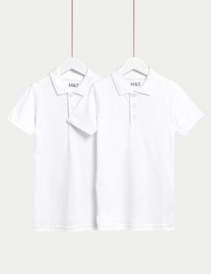 M&S 2pk Unisex Easy Dressing School Polo Shirts (3-18 Yrs) - 14-15 - White, White