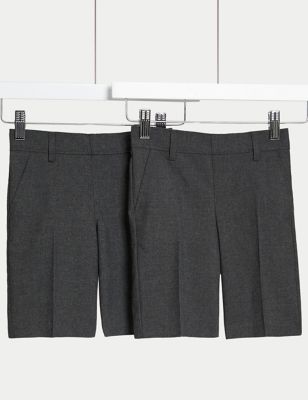 M&S Boys 2-Pack Slim Leg Plus Waist School Shorts (4-14 Yrs) - 5-6 Y - Grey, Grey
