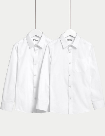 M&S Collection 2Pk Boys' Non-Iron School Shirts (2-18 Yrs) - 15-16 - White, White