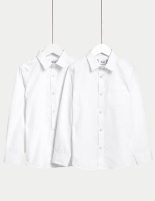 M&S Boys 2pk Boy's Slim Fit Cotton School Shirts (2-18 Yrs) - 7-8 Y - White, White