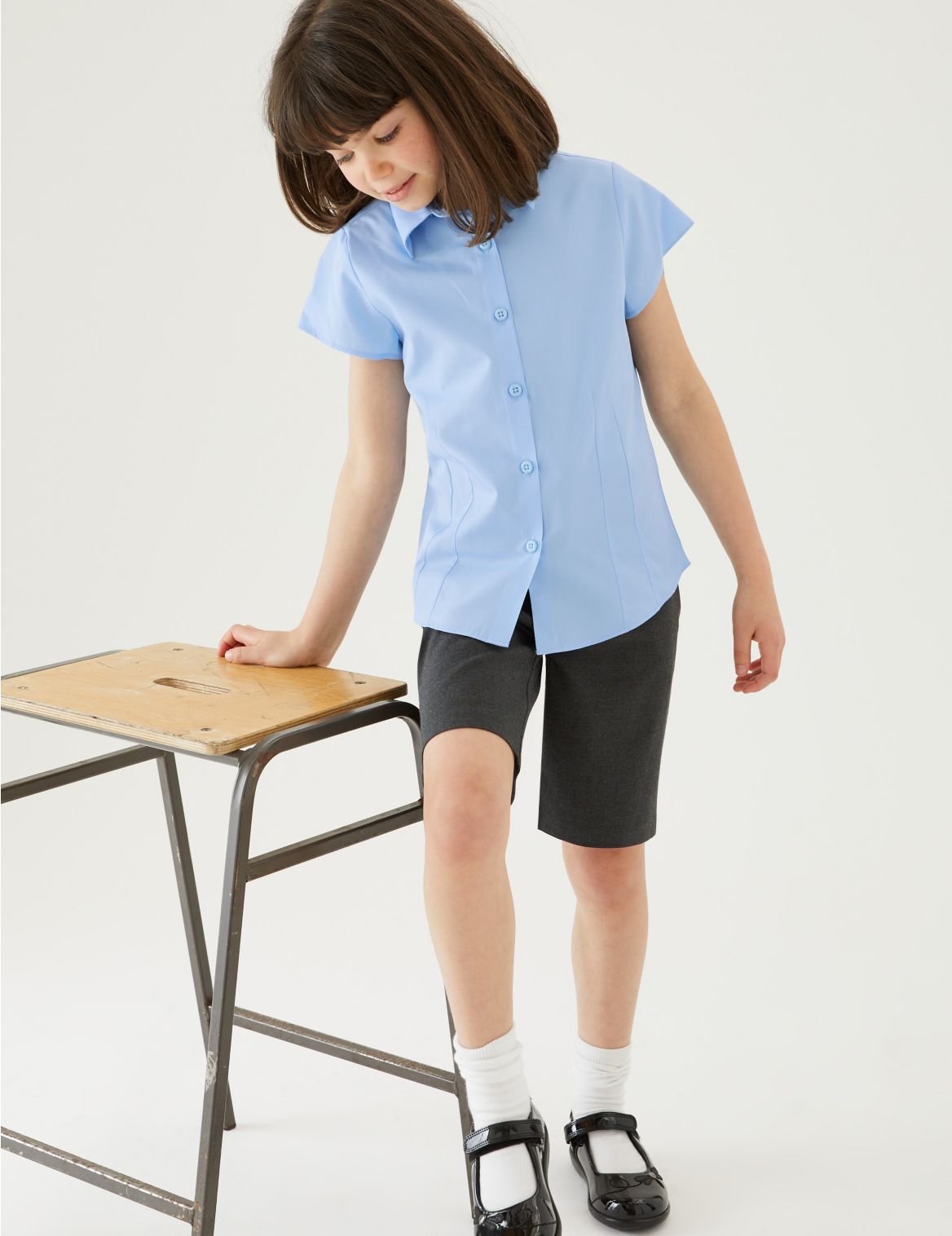 2pk Girls' Cap Sleeve Easy Iron School Blouses blue