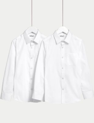 M&S Girls 2pk Girl's Slim Fit Non-Iron School Shirts (2-18 Yrs) - 14-15 - White, White,Blue