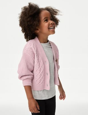 M&S Girl's Chunky Knit Cardigan (2-8 Yrs) - 3-4 Y - Navy, Navy,Pink,Ivory,Green