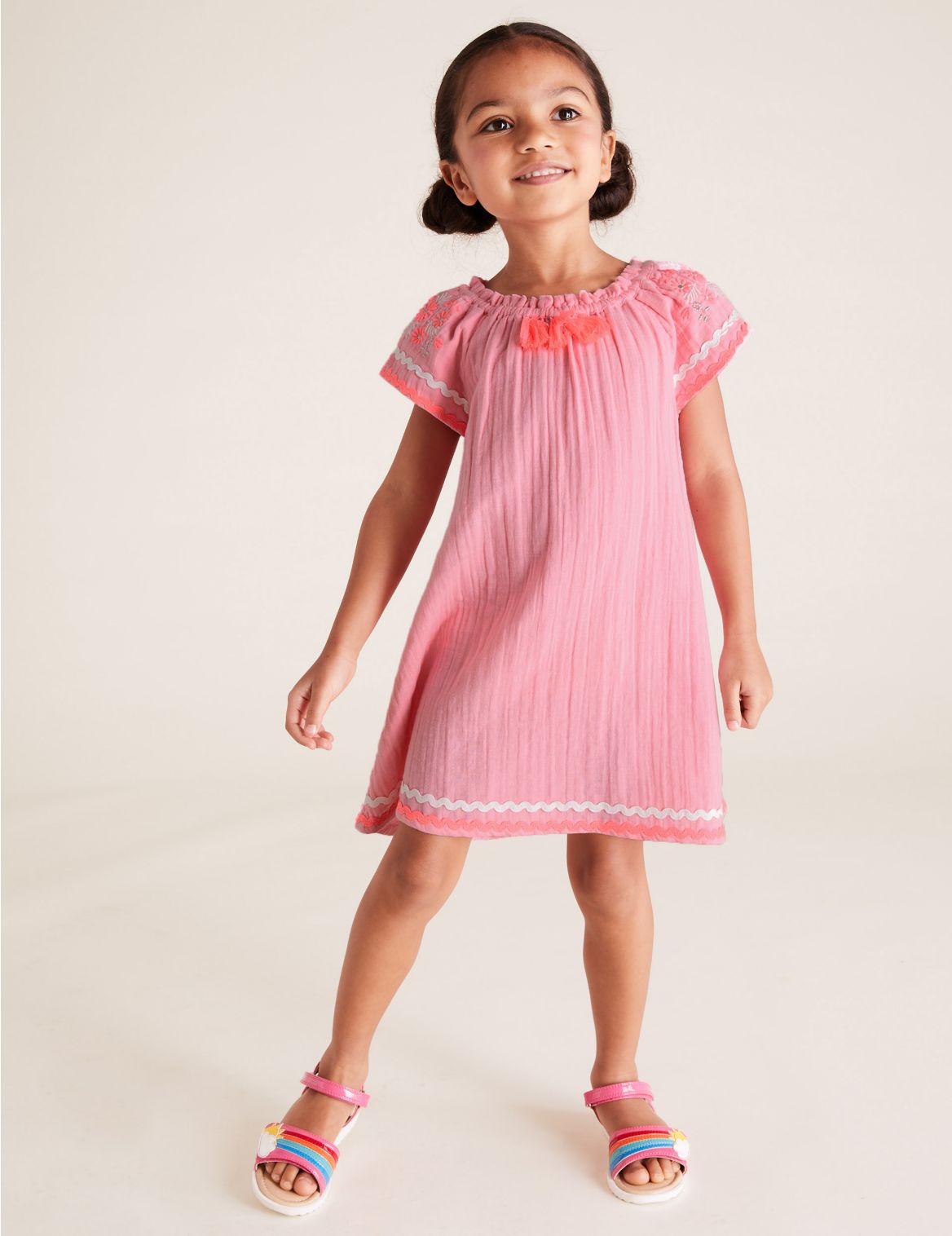 Pure Cotton Embroidered Dress (2-7 Years) pink