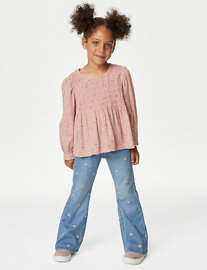 M&S Collection Denim Embroidered Floral Flared Jeans (2-8 Yrs) - 5-6 Y, Denim