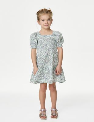 M&S Girls Pure Cotton Mini Me Floral Tiered Dress (2-8 Yrs) - 7-8 Y - Multi, Multi