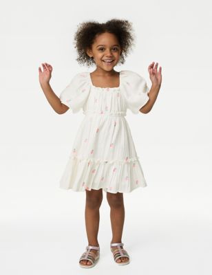 M&S Girl's Pure Cotton Flower Print Dress (2-8 Yrs) - 7-8 Y - Ivory Mix, Ivory Mix