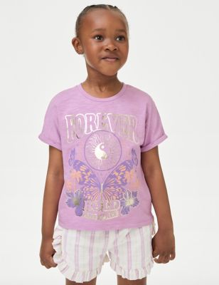 M&S Girls Pure Cotton Embellished T-Shirt (2-8 Yrs) - 3-4 Y - Charcoal, Charcoal,Purple,Ecru Mix