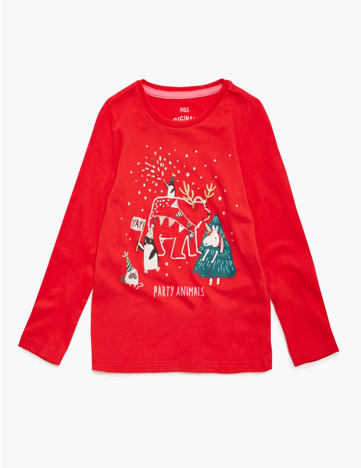 Pure Cotton Christmas Party Animals Top (2-7 Yrs) red